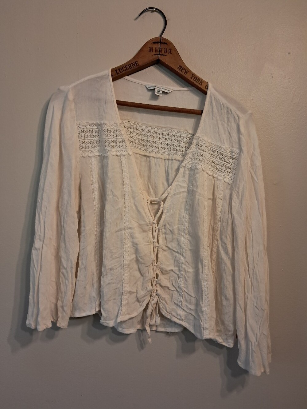 American Eagle Outfitters Cream Lace-Trim Tie-Front Blouse